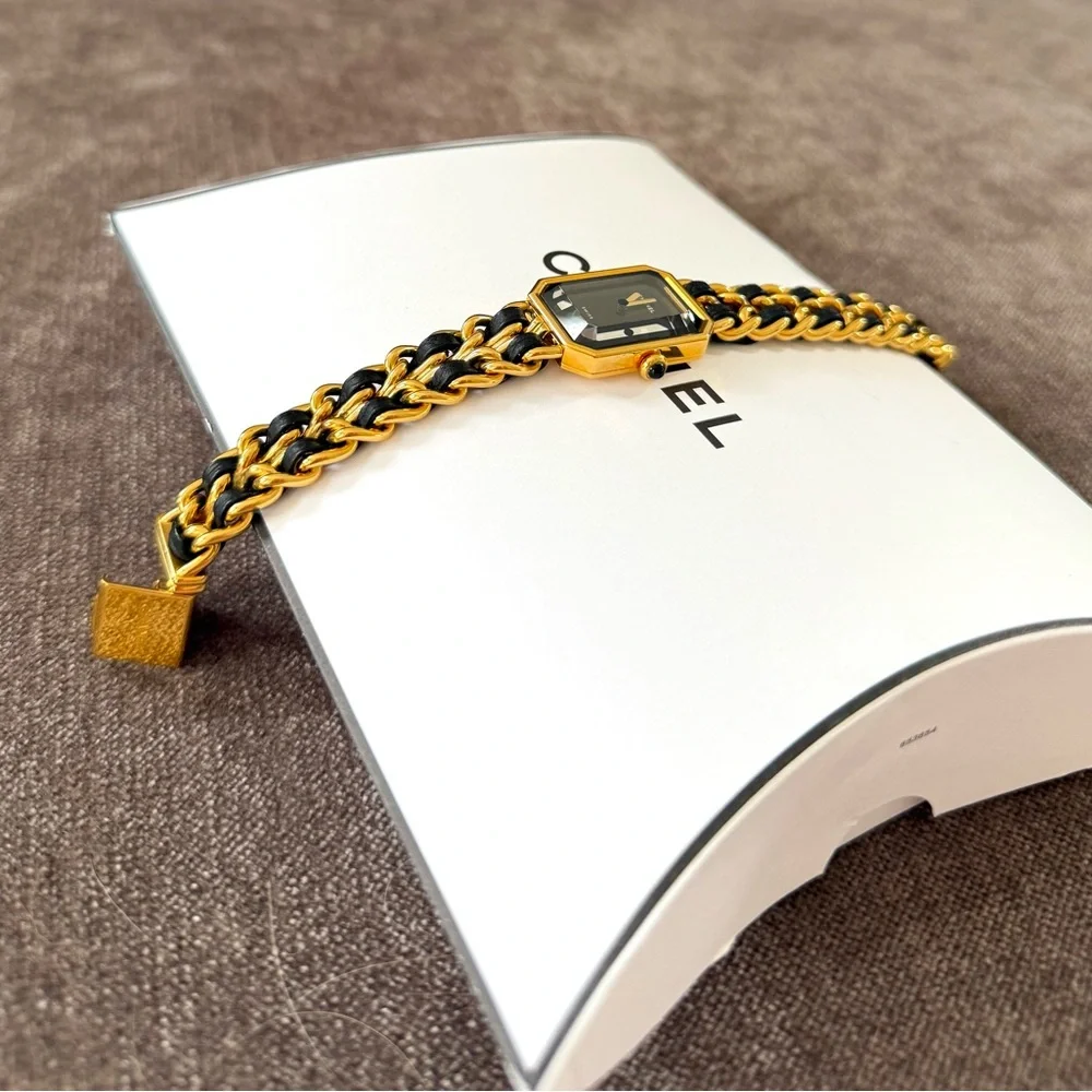 Authentic CHANEL Premiere watch size Medium M gold and black leather bracelet
